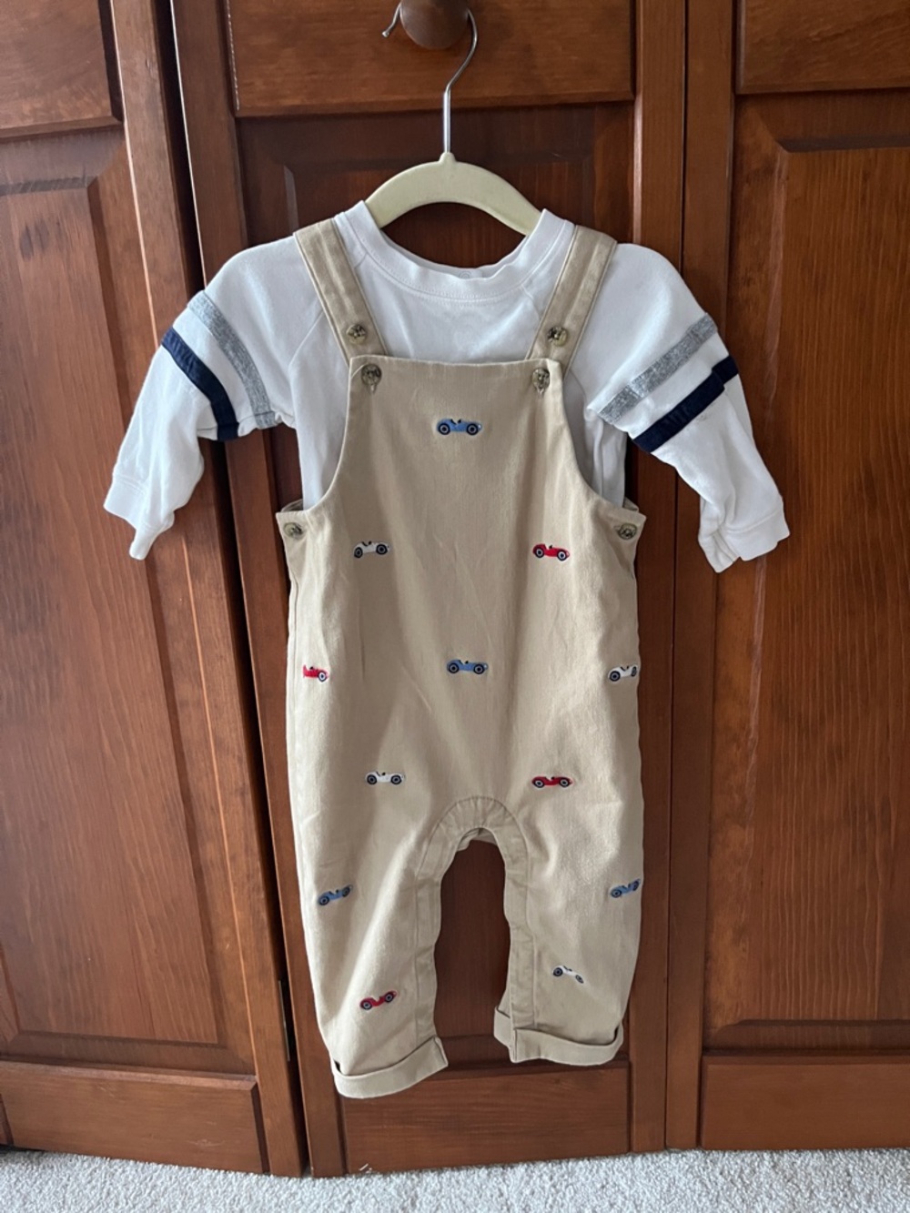 Janie and Jack Khaki Race car Overalls with Matching Striped White Bodysuit